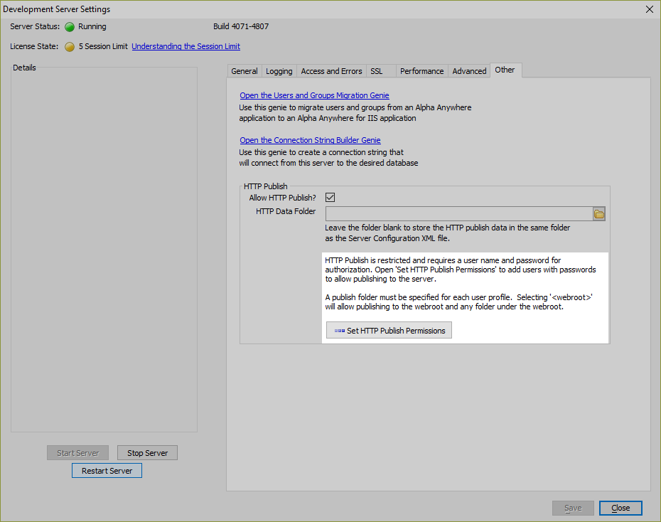 The HTTP Publish Permissions define the location and types of files that can be published.